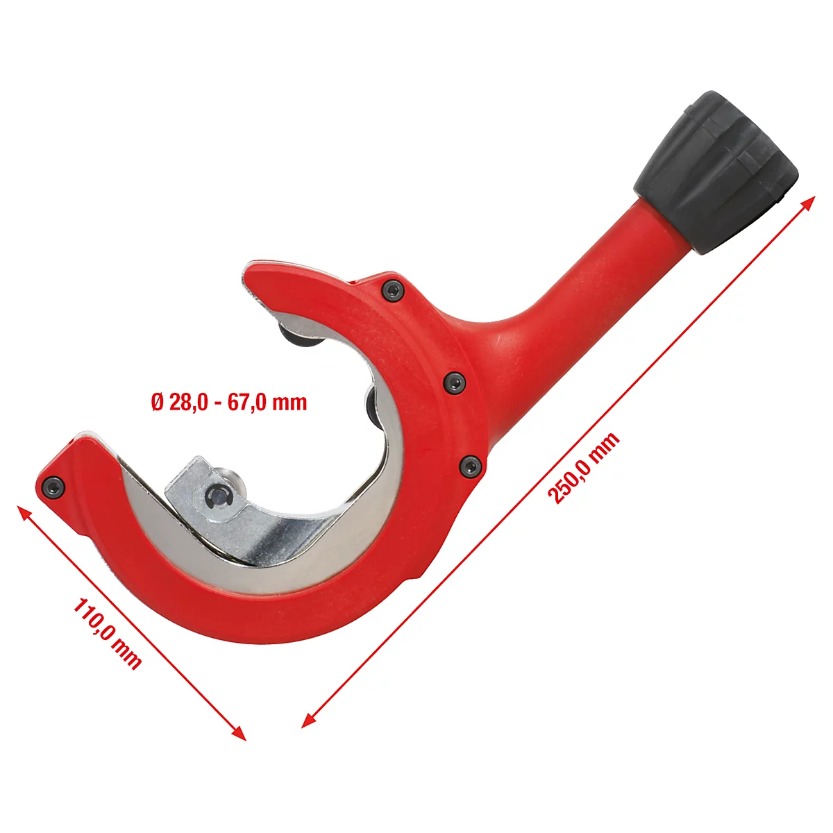 Roter Rohrschneider mit schwarzem Griff. Maße: Ø 28,0 - 67,0 mm, 110,0 mm und 250,0 mm.